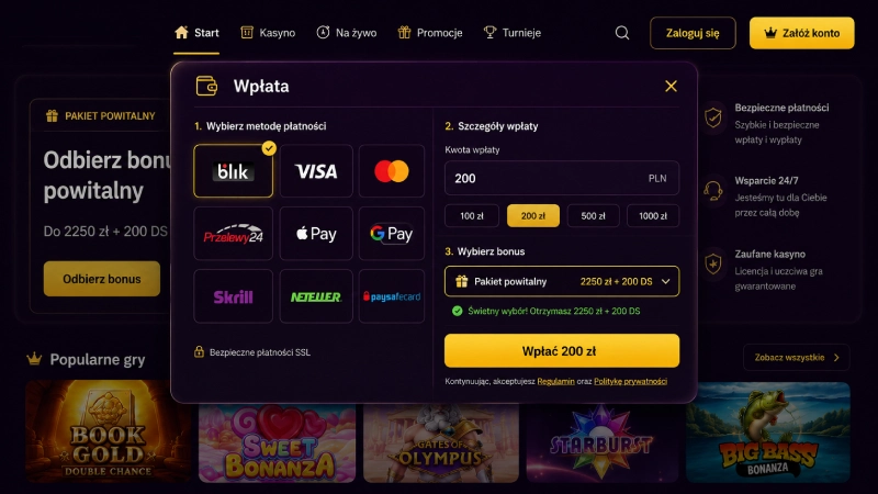 Wybór bonusu w oknie depozytu